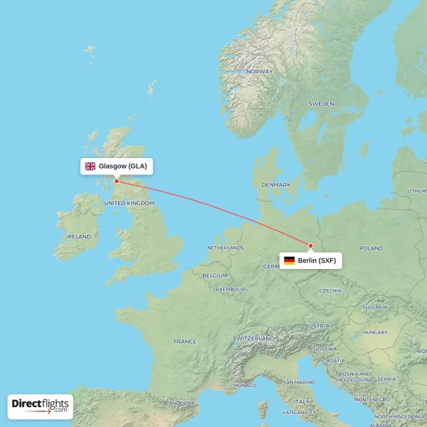 Berlin - Glasgow direct flight map