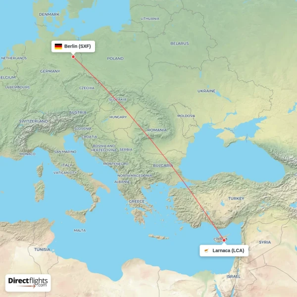 Berlin - Larnaca direct flight map