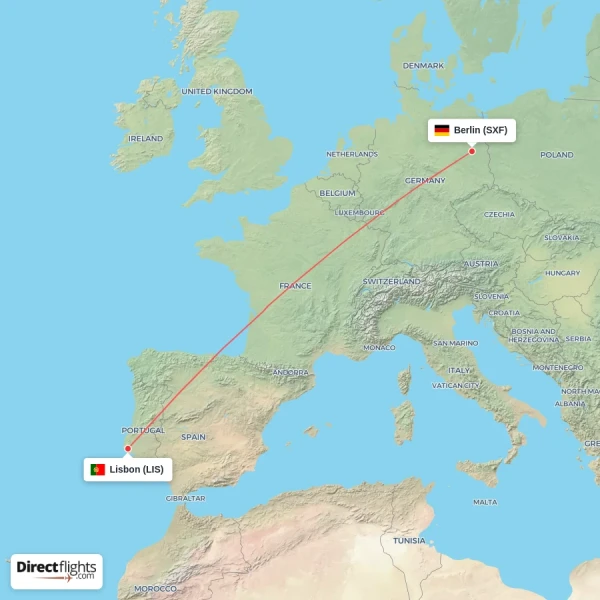 Berlin - Lisbon direct flight map