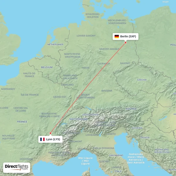 Berlin - Lyon direct flight map