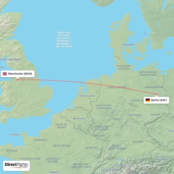 Berlin - Manchester direct flight map