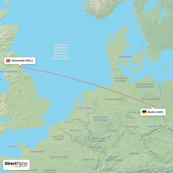 Berlin - Newcastle direct flight map