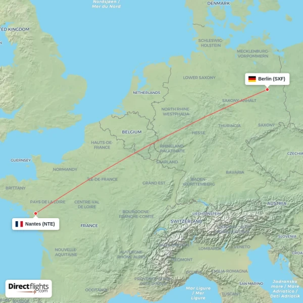 Berlin - Nantes direct flight map
