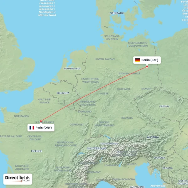 Berlin - Paris direct flight map