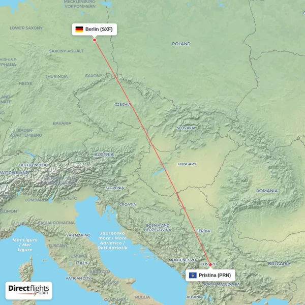 Berlin - Pristina direct flight map