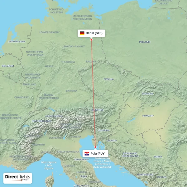 Berlin - Pula direct flight map