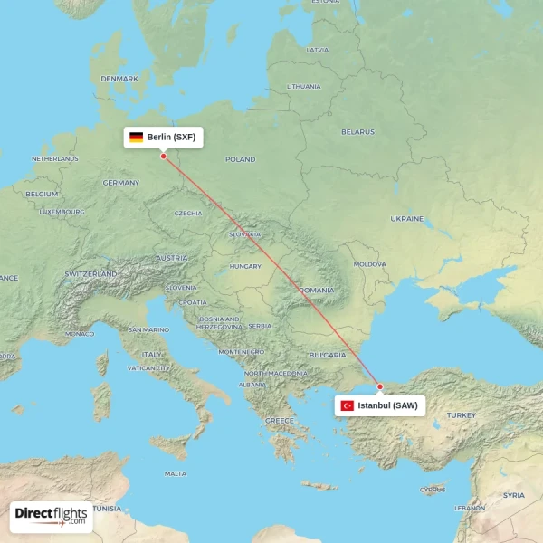 Berlin - Istanbul direct flight map