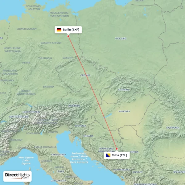 Berlin - Tuzla direct flight map