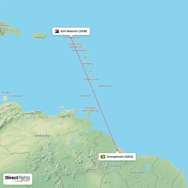 Sint Maarten - Georgetown direct flight map