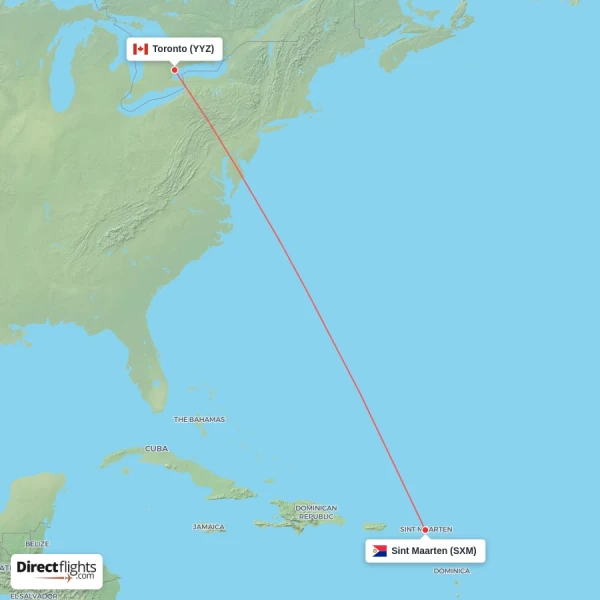 Sint Maarten - Toronto direct flight map