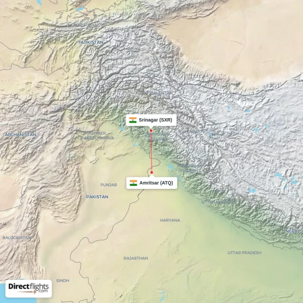 Srinagar - Amritsar direct flight map