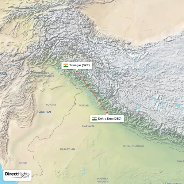 Srinagar - Dehra Dun direct flight map