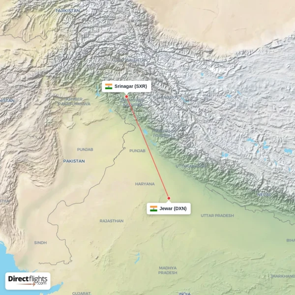 Srinagar - Jewar direct flight map