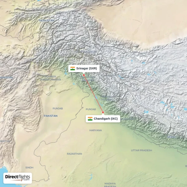 Srinagar - Chandigarh direct flight map