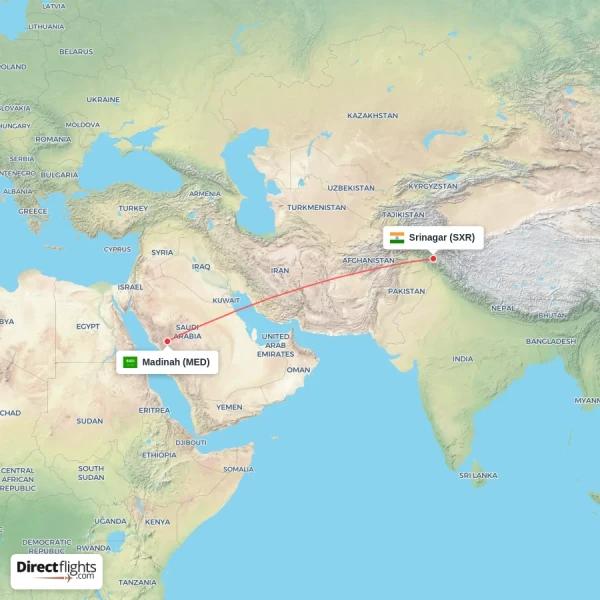 Srinagar - Madinah direct flight map