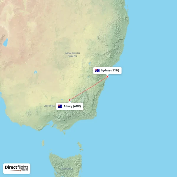 Sydney - Albury direct flight map