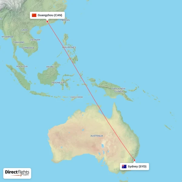 Sydney - Guangzhou direct flight map