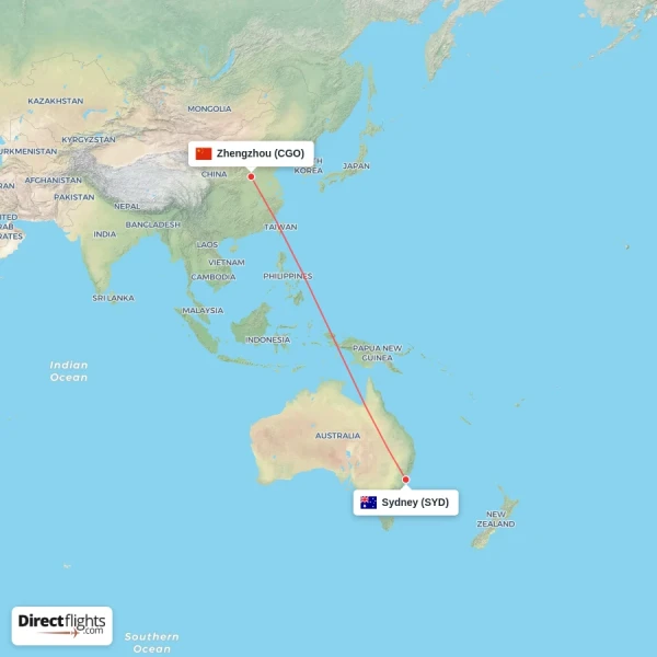 Sydney - Zhengzhou direct flight map