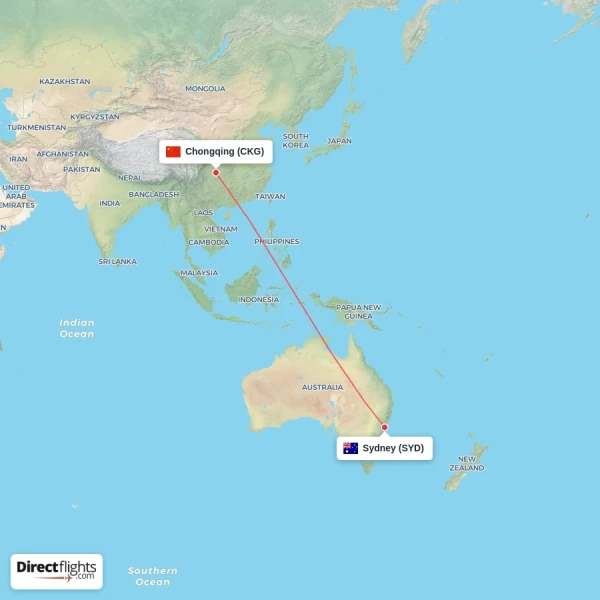 Sydney - Chongqing direct flight map