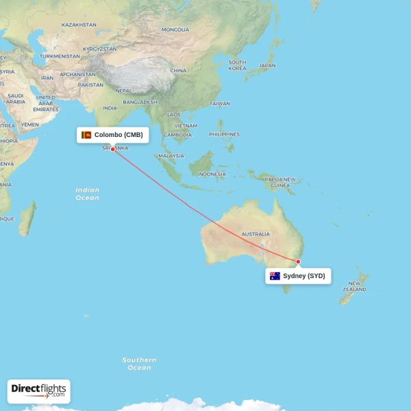 Sydney - Colombo direct flight map