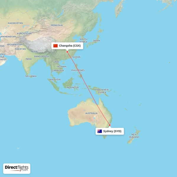 Sydney - Changsha direct flight map