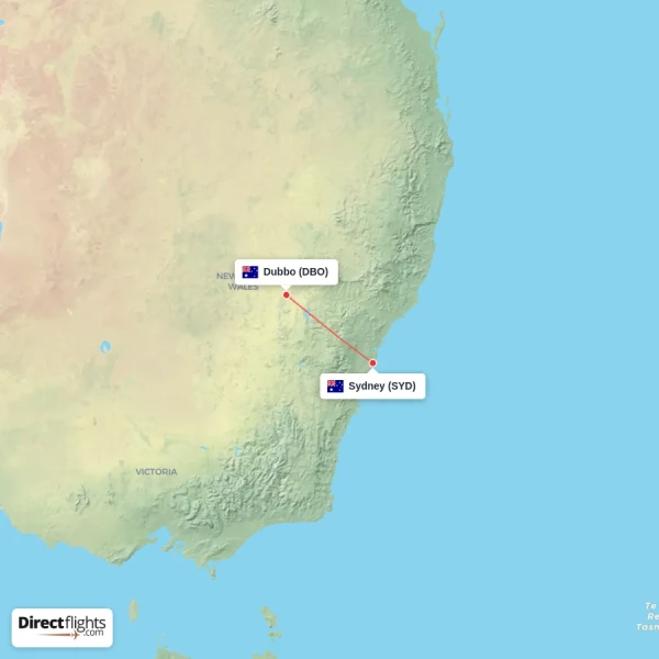 Sydney - Dubbo direct flight map