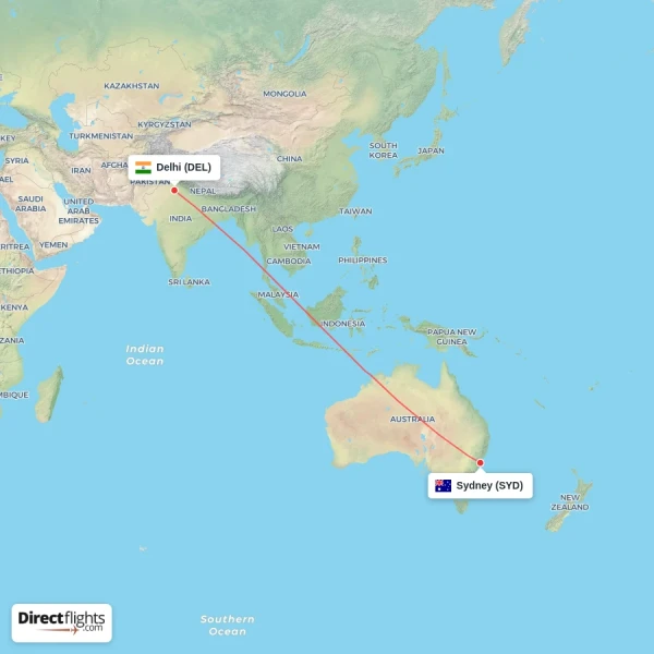 Sydney - Delhi direct flight map