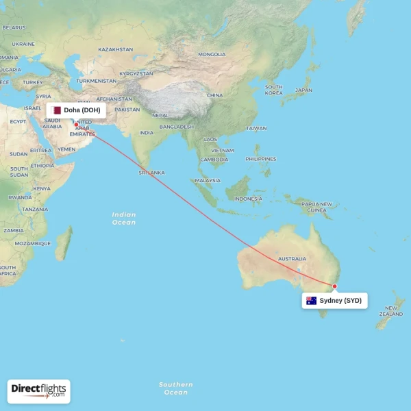 Sydney - Doha direct flight map