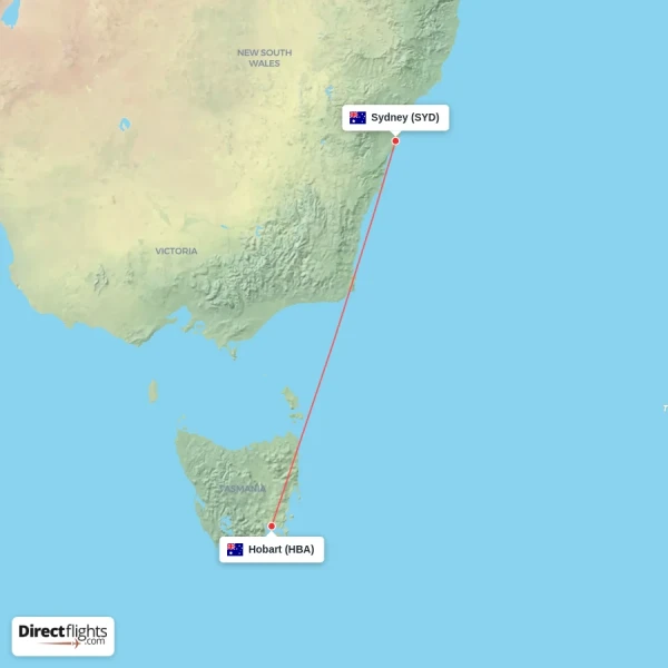 Sydney - Hobart direct flight map