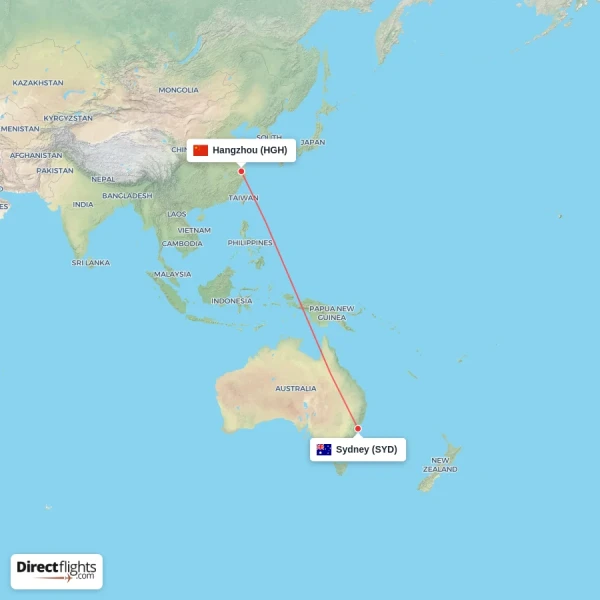 Sydney - Hangzhou direct flight map