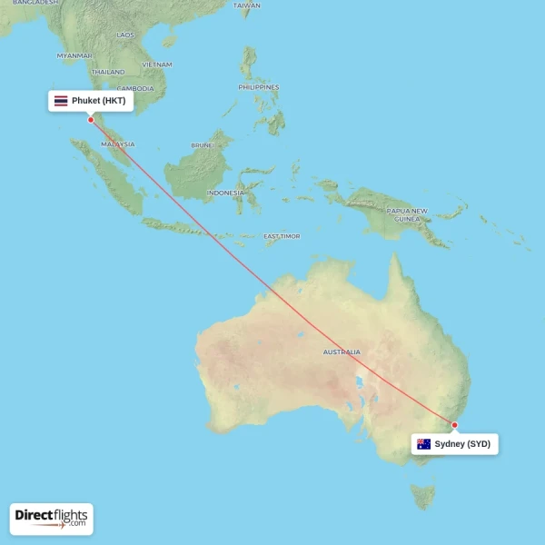 Sydney - Phuket direct flight map