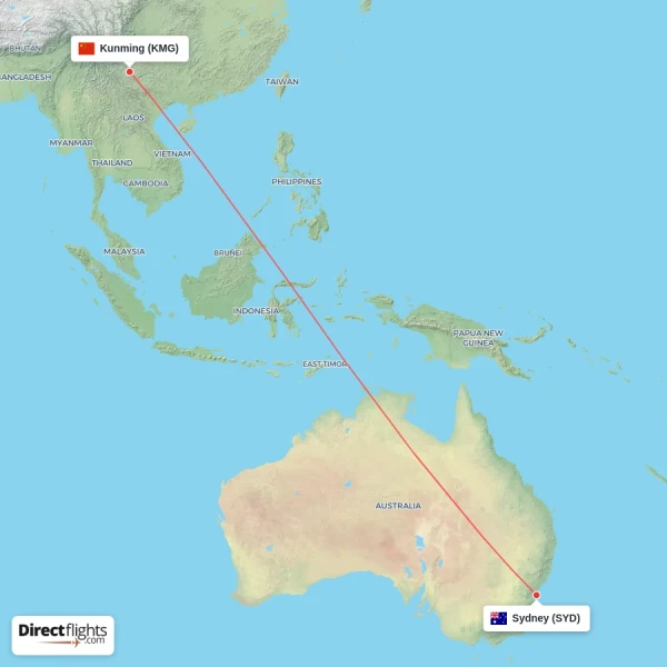 Sydney - Kunming direct flight map