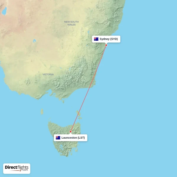 Sydney - Launceston direct flight map