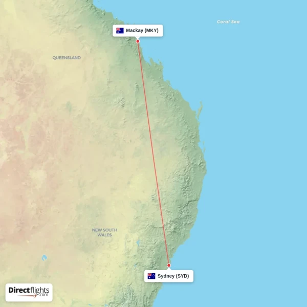Sydney - Mackay direct flight map