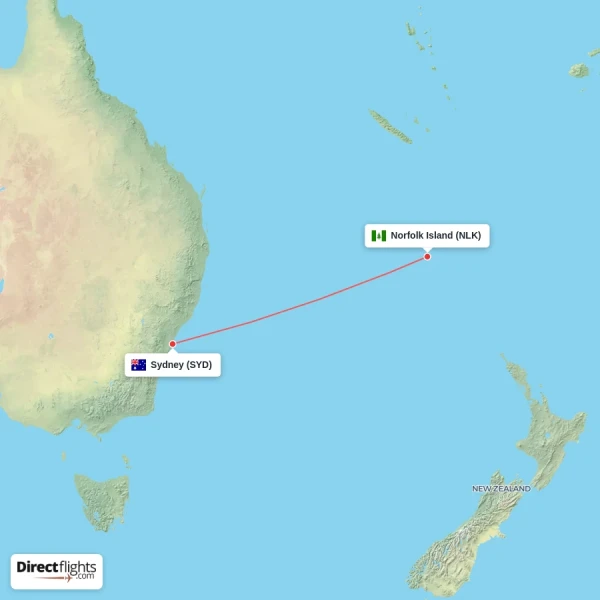 Sydney - Norfolk Island direct flight map