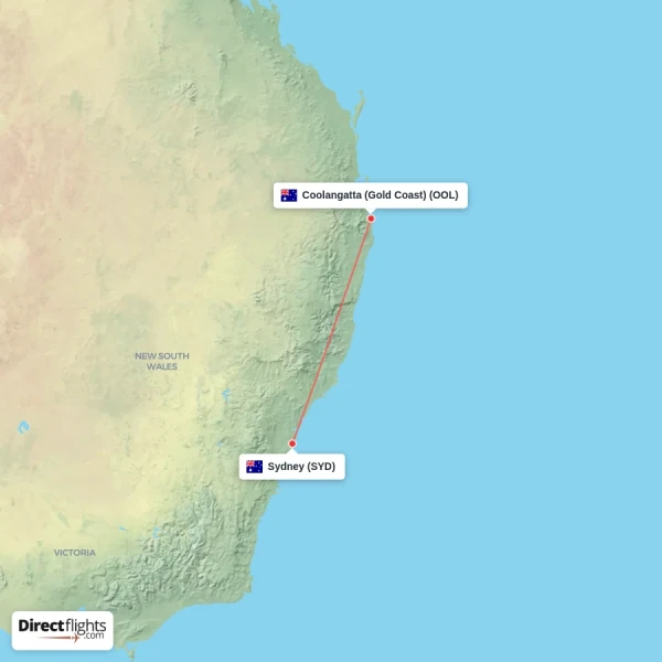 Sydney - Coolangatta (Gold Coast) direct flight map