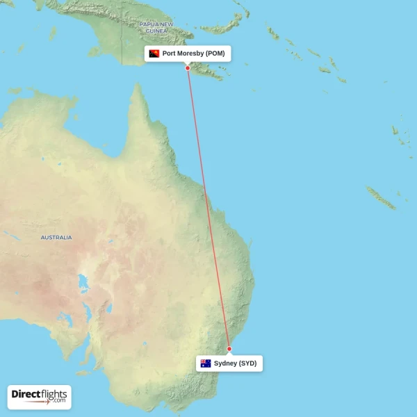 Sydney - Port Moresby direct flight map