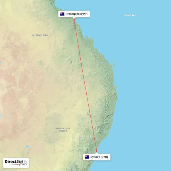 Sydney - Proserpine direct flight map