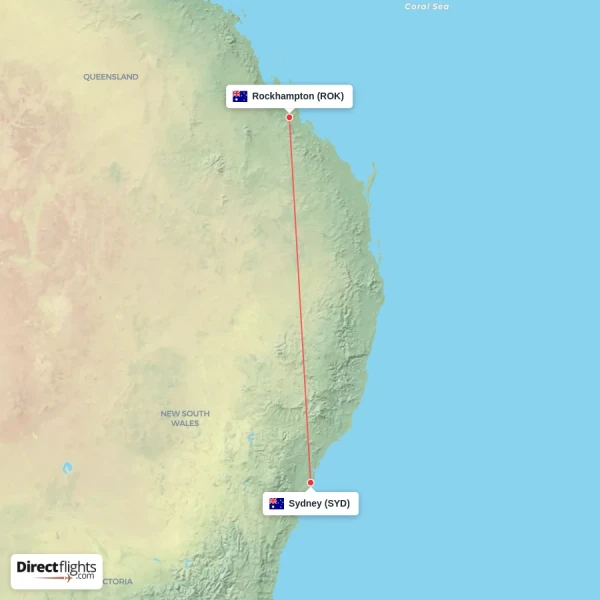 Sydney - Rockhampton direct flight map