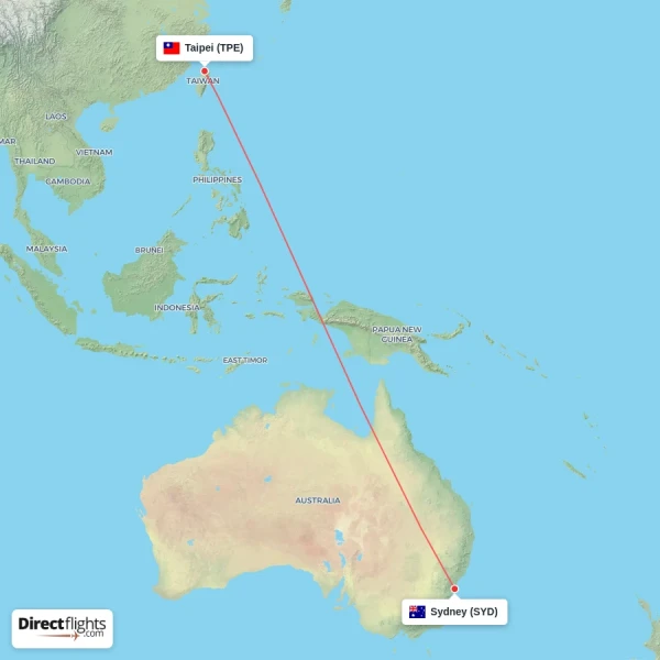 Sydney - Taipei direct flight map