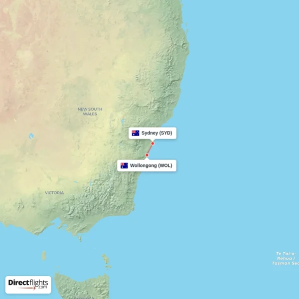 Sydney - Wollongong direct flight map