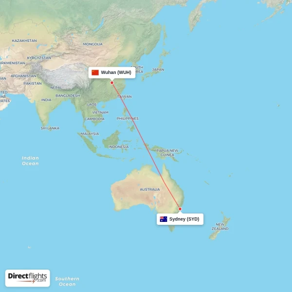 Sydney - Wuhan direct flight map