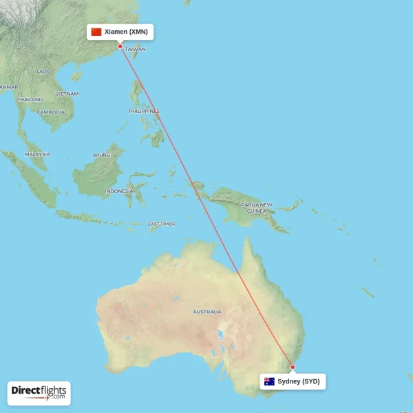 Sydney - Xiamen direct flight map