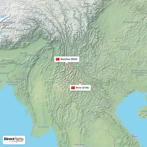 Pu'er - Baoshan direct flight map