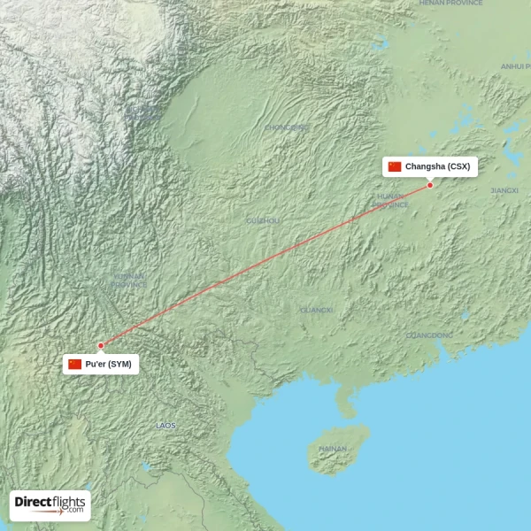 Pu'er - Changsha direct flight map