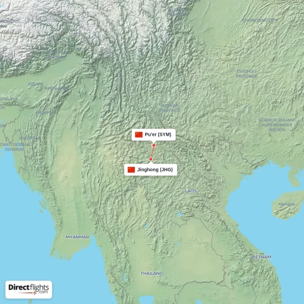 Pu'er - Jinghong direct flight map