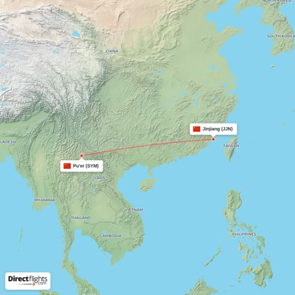 Pu'er - Jinjiang direct flight map