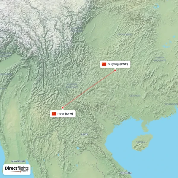Pu'er - Guiyang direct flight map