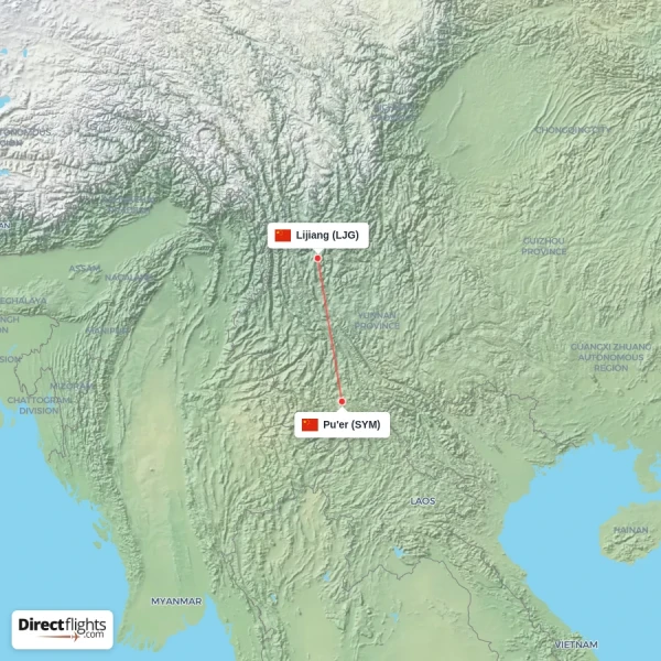 Pu'er - Lijiang direct flight map