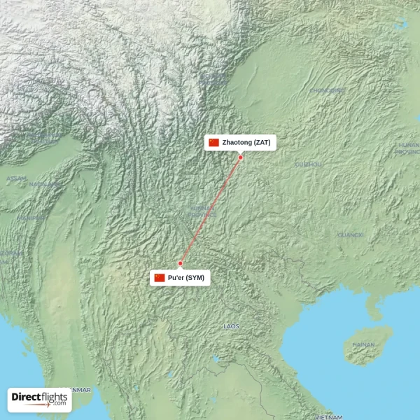 Pu'er - Zhaotong direct flight map